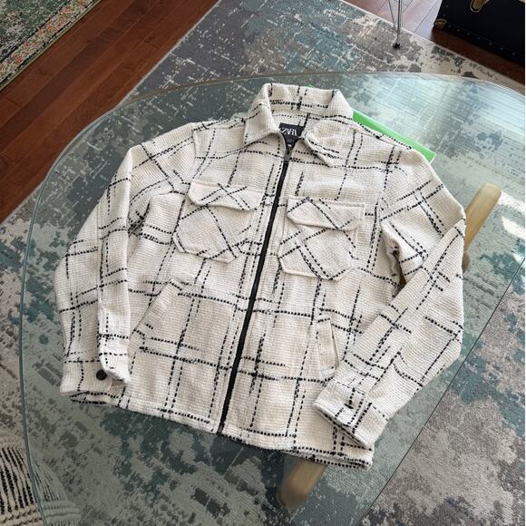 Zara Men's Textured Jacquard Plaid Shirt Jacket